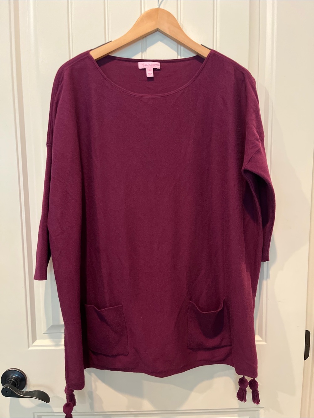 Lily Pulitzer Medium Tunic Sweater LW Purple Hue Pockets Tassel Trim Oversized